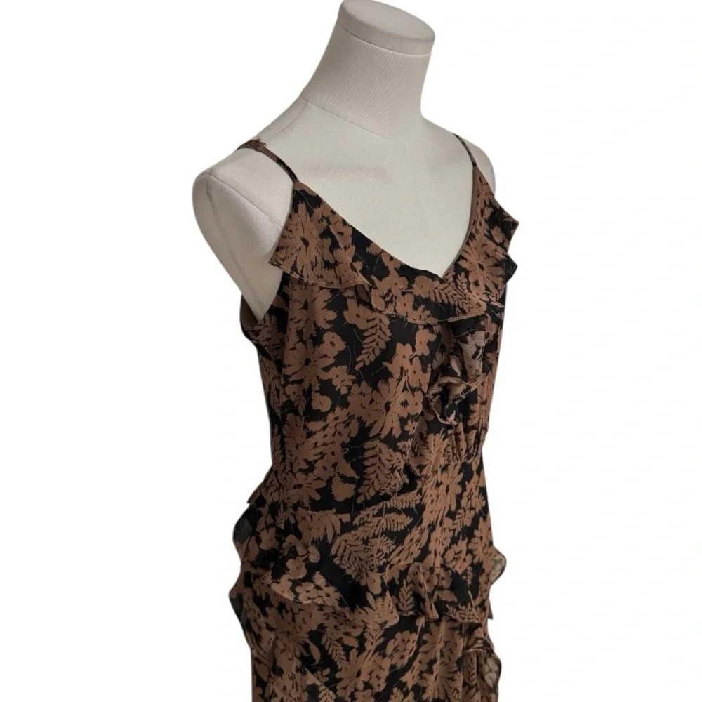 DRESS FORUM Floral Ruffle Midi Dress Cottagecore Size M Brown Black Neutral Boho